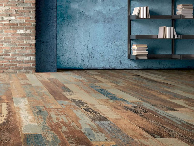 Colorart ceramic tile from Centura, in Navy, has the look of distressed painted wood