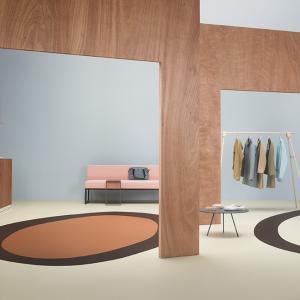 Room scene with Marmoleum cocoa eco-friendly flooring in three colours