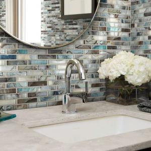Bathroom scene with Mercury Glass tile from Shaw, in Mica