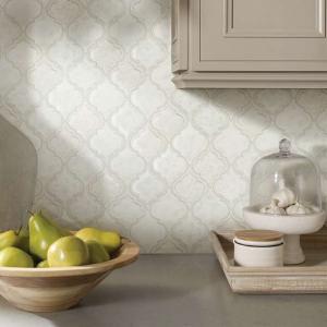 Kitchen scene with Geoscapes glass tile from Shaw, in White