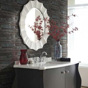 Bathroom scene with Forest Linear Glass tile by Shaw, in Root