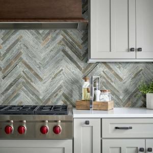 Kitchen scene with Fusion Herringbone Mosaic tile by Shaw, in Steel
