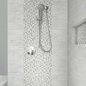 Shower stall with Chateau Penny Round mosaic stone tile from Shaw
