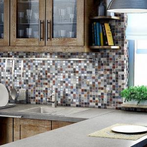 Kitchen scene with Cosmic recycled glass mosaic tile from Centura, in Elba