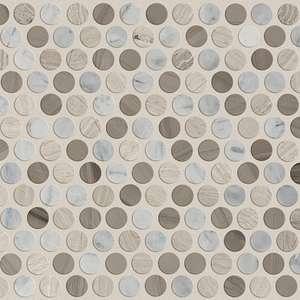 Chateau Penny Round mosaic stone tile from Shaw in a Bianco Carrara, Rockwood & Urban Grey blend
