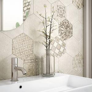 Room scene with Hexatile Cement porcelain tiles from Centura in varying colours and patterns