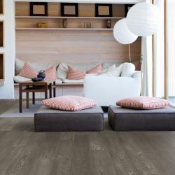 Grey-taupe wide-plank hardwood floor in modern living room scene