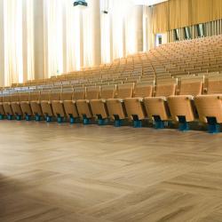Theatre or lecture hall with wood-toned luxury vinyl flooring