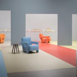 Large open room scene with Marmoleum flooring in multicoloured geometric arrangement
