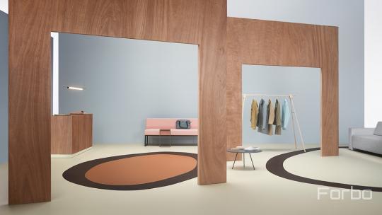 Room scene with Marmoleum cocoa eco-friendly flooring in three colours