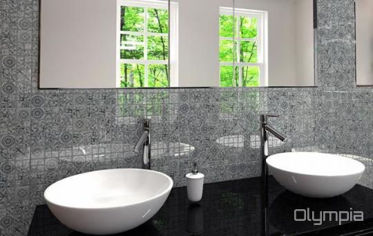Room scene with Olympia Floral glass tile in Black