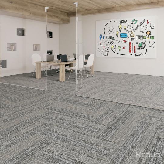 Room scene with Skyline carpet tiles, by Kraus, in Aviation