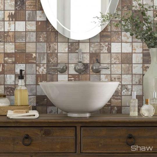 Room scene with Timbered Mosaic porcelain tile from Shaw in Beech