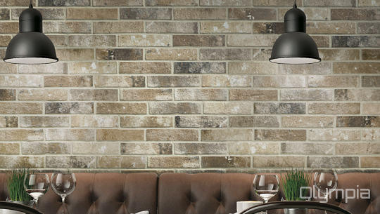 Room scene with London Brick porcelain tile by Olympia in Beige