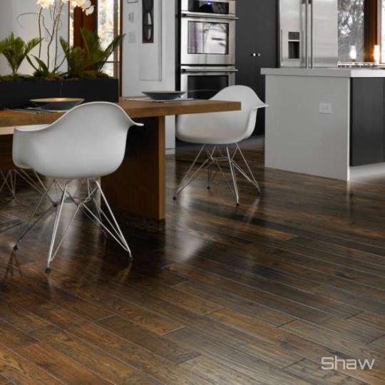 Room scene with Championship hardwood flooring from Shaw, in Roan Brown