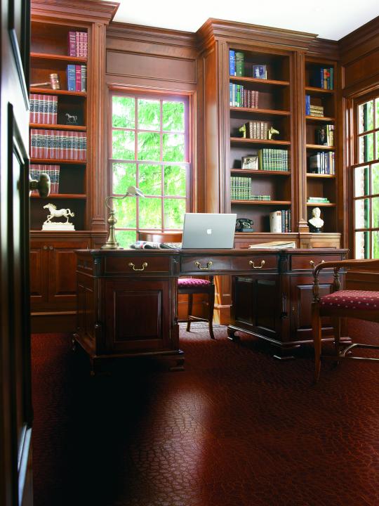 Room scene with Torlys leather tile flooring in Modena Wine