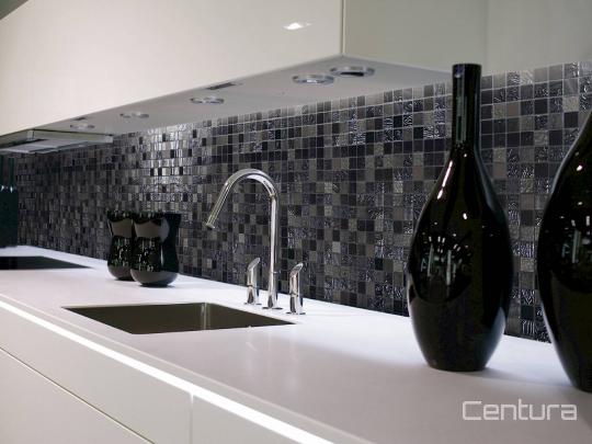 Kitchen scene with Mystic Glass recycled glass tile by Centura, in Islande