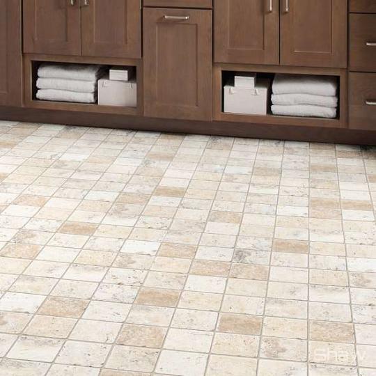 Room scene with Turnbury travertine stone tile floor by Shaw, in Latte