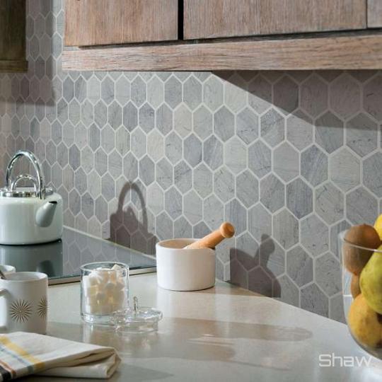 Room scene with Pearl Hex Mosaic natural stone tile from Shaw, in Rockwood