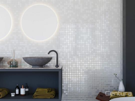 Room scene with Opalo mosaic tile in Blanco
