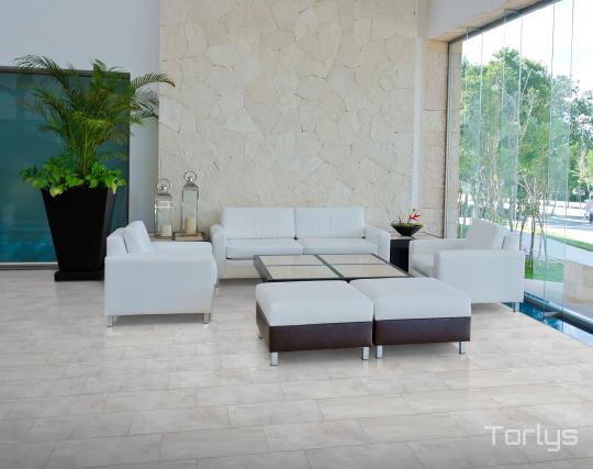 Room scene with Torlys RigidTile Firm Premier luxury vinyl flooring in Capri